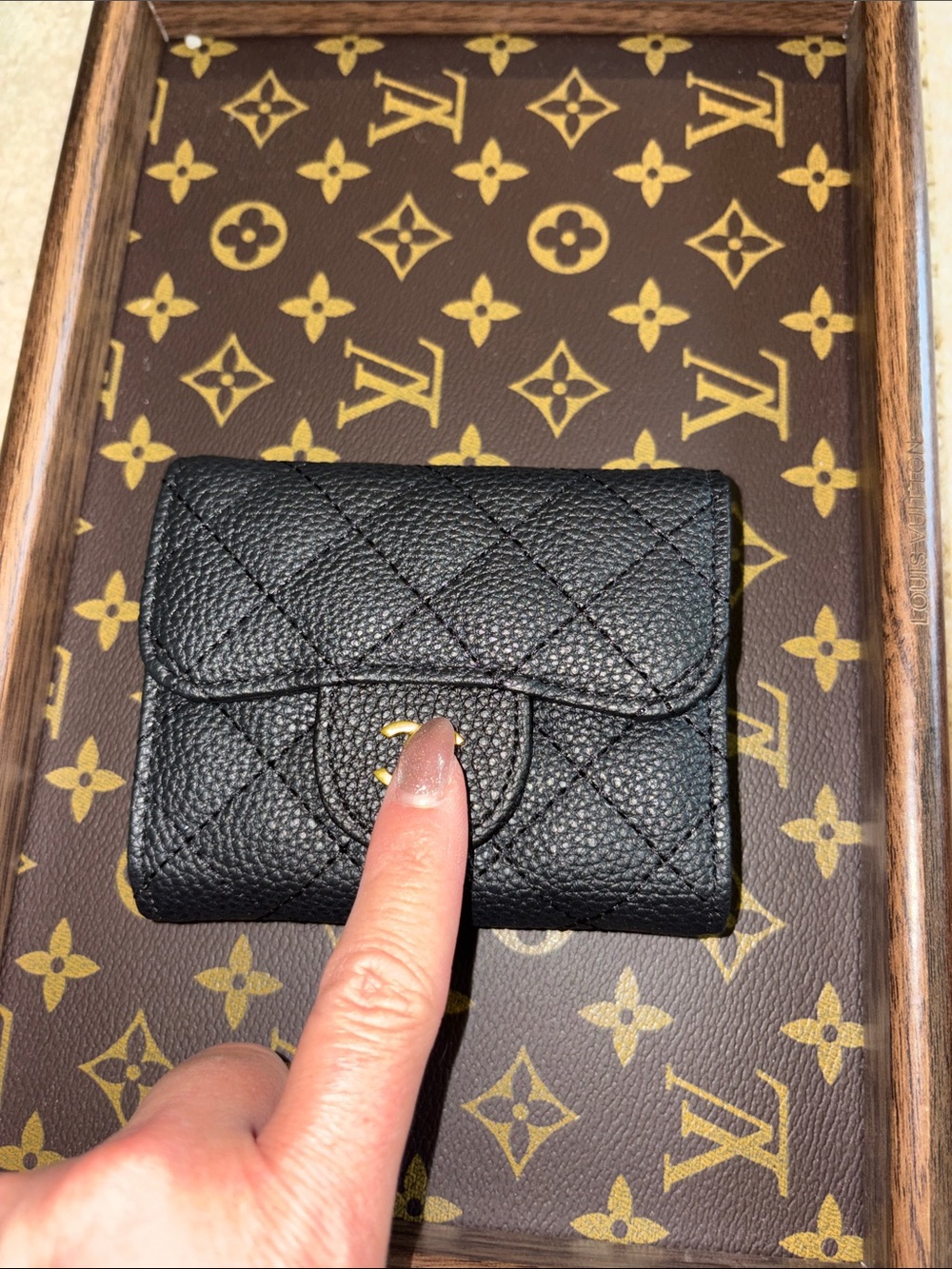 Designer Inspired Black Quilted Leather Compact Wallet with Gold Snap